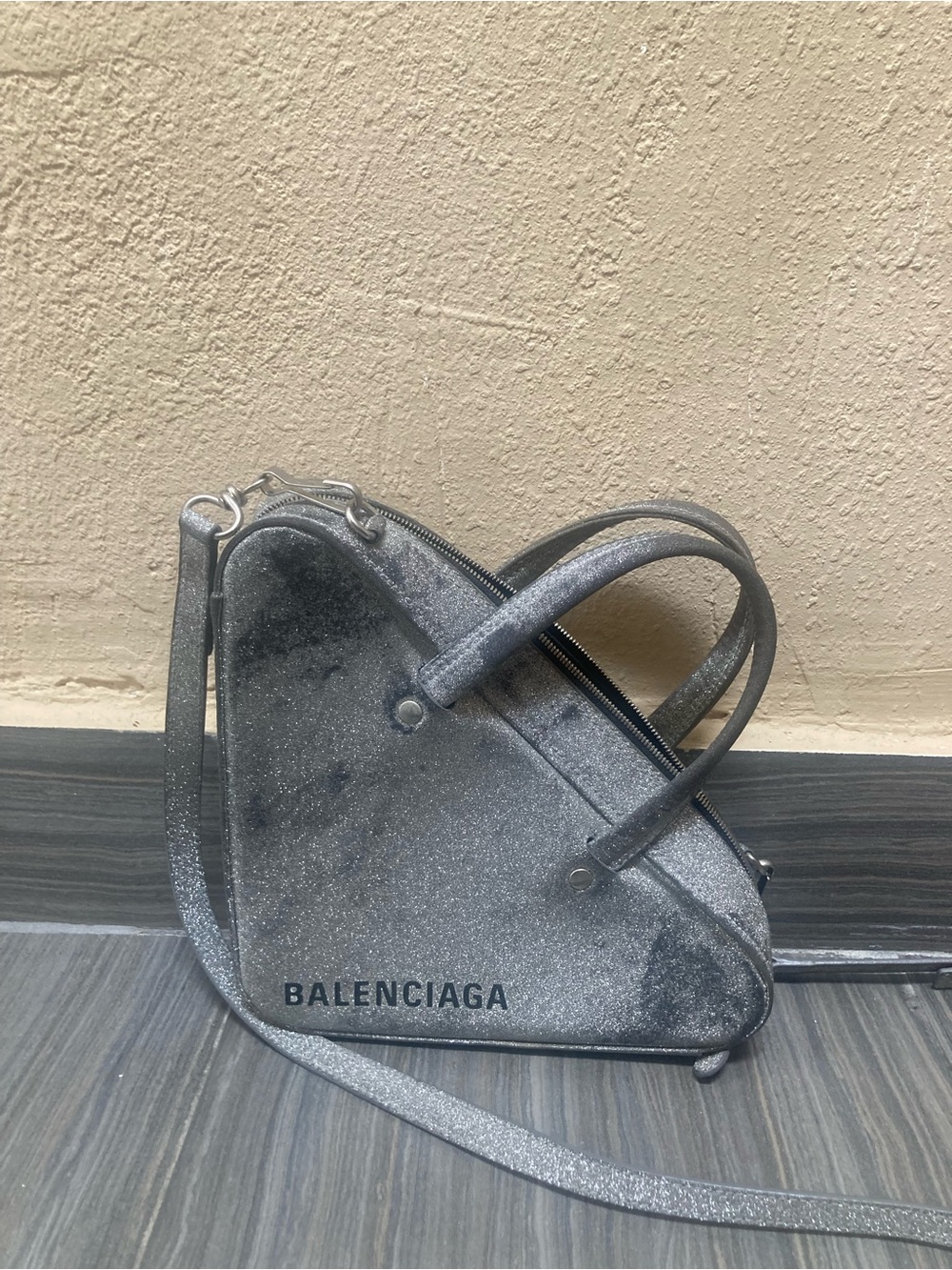 Balenciaga Silver Glitter Mini Triangle Satchel